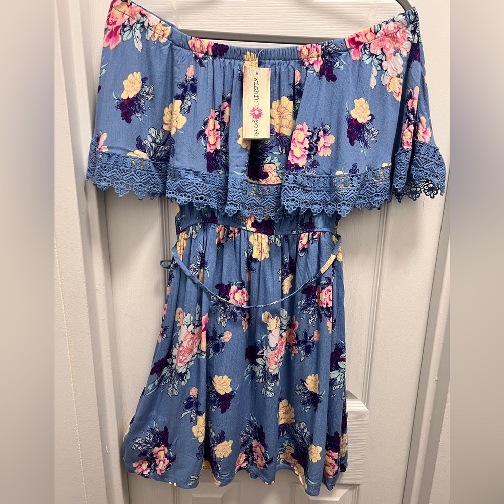 Floral Blue Off Shoulder Boho Summer Dress - New with Tag - Size: Medium